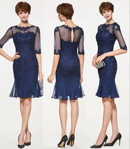 Navy Blue Sheath MMother of the Bride Suits Knee Length Mother Groom Dresses 1/2 Sleeves Evening Gown