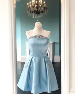 Light Sky Blue Homecoming Dresses 2019 A Line Strapless Neck Short Prom Party Dance Gowns Real Photo Beaded Pockets Cocktail Hoco Graduation