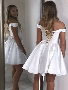 Utanför axeln vita korta homecoming party dress corset kort prom klänning kvällsklänning