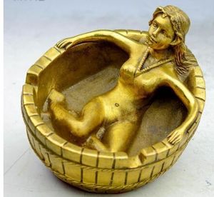 Antik Kina Brass Handgjorda Naken Skönhet Ashtray Staty