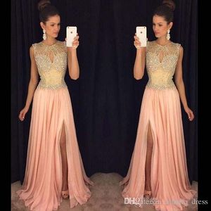 Pink Chiffon Blush Prom Dresses Long Sleeveless Keyhole Neck Beading 2019 Side Slit Formal Ocn Wear Evening Party Gowns