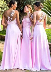 A-line Princess One Rushader Różowy szyfon sukienki druhna z koronkową aplikacją Sweet Train Long Backless Formal Wedding Guest Sukienka dla gości