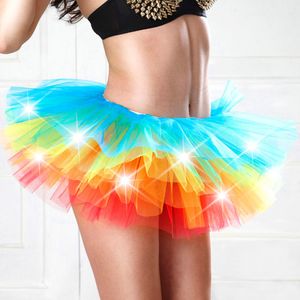 Rainbow LED Oświetlenie Tutu Spódnica Kobiety Halloween Świąteczny Festiwal Szkoła Dziewczyna Scena Party Show Dance Mesh Mini Tulle Petticoat