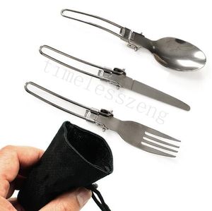 Folding Portable Cutlery Set With Bag For Outdoor Travel Knife Fork Spoon 3-Piece Set Stainless Steel Flatware Sets Tableware Dinnerware Set