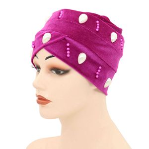 Mulheres menina sólida cor elástica bandanas pérolas chapéus turbante cabeça envoltório headwear acessórios de cabelo moda