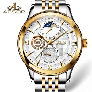 Aesop Moon Fase Watch Men Automático Mechanical Watch Fashion Gold Wrist Watches Wristwatch Relógio Masculino Men Relogio Masculino