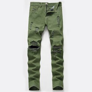 Jeans da uomo Pantaloni con foro al ginocchio da uomo Strappati Verde militare Autunno Inverno Cerniera lavata Pantaloni in denim retrò alla moda di High Street