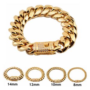 316L Stainless Steel HipHop Gold Polished Miami Cuban Link Bracelets Men Cubic Zirconia Clasp 8/10/12/14/16/18mm 8inches