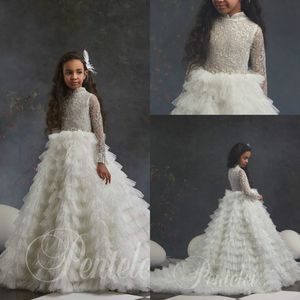 Lovely A Line Flower Girl Dresses High Neck Long Sleeve Lace Applique Sequins Tiered Pageant Dress Floor Length Girl's Birthday Part