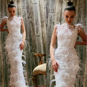 Elegant White Mermaid Evening Dresses High-neck Sleeveless Prom Dress Appliqued Lace Feather Custom Made Floor-length Party Gown Cheap