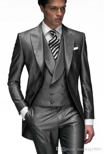 Latest Design Shiny Gray Work Business Suits For Man Peak Lapel Wedding Dress Party Suits 3 Pieces Blazer (Jacket+Pants+Vest+Tie) K31