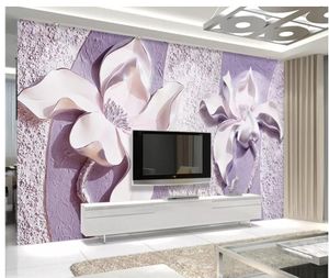 Präglad lila magnolia 3D-tv Bakgrunds vägg tapeter för väggar 3 d för vardagsrum