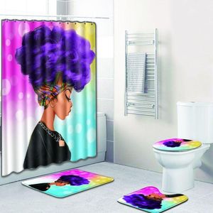 4 Pcs African Girl Shower Curtain Bath Mat Toilet Pad Set Character Pattern Anti-slip Toilet Pattern Carpet Flannel Bath Mat