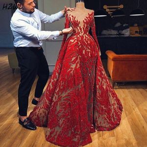 イリュージョンマーメイドイブニングドレス 取り外し可能なトレーン付き 長袖ウエディングドレス サウジアラビア フォーマルウェア シースルー ローブ・ド・ソワレ