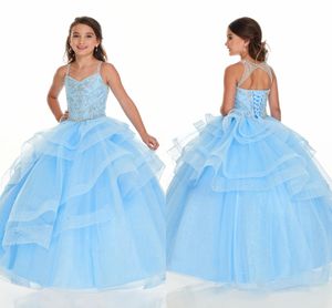 Baby Blue Bling Beading Crystal Girls Pagews Suknie 2022 Ruffles Suknie Balowe Spaghetti Keyhole Powrót Mini Quinceanera Party Dresses Dzieci