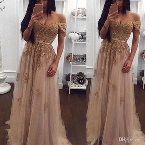 Evening Dresses Wear Cheap New Off Shoulder Gold Lace Appliques Crystal Beaded Champagne Tulle Short Sleeves Long Party Dress Prom Gowns