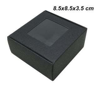 30 pezzi / lotto nero 8,5x8,5x3,5 cm carta kraft scatola di immagazzinaggio di sapone fatto a mano con finestra kraft carta artigianale arti scatole di imballaggio per biscotti cioccolato