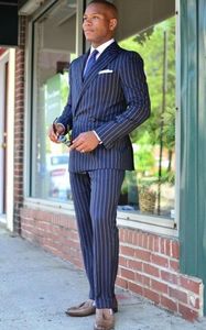 Fashion Blue Stripe Groom Tuxedos Excellent Double-Breasted Men Groomsmen Weding Tuxedos Blazer Men Formal Party Prom Suit(Jacket+Pants+Tie)