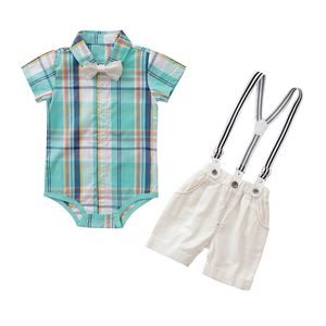 Verão meninos de garotos cavalheiros roupas infantis camisa de gravata borboleta xadrez +shorts suspensos 2pcs ternos infantis de desempenho de roupas de desempenho y2299