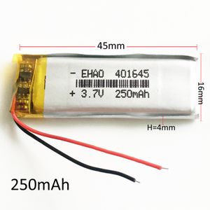 Modell 401645 3.7V 250MAH Lithium Polymer Lipo Li Ion Uppladdningsbart Batteri Li-celler Kraft för MP3 MP4 Headphone Bluetooth DVD-bildpenna