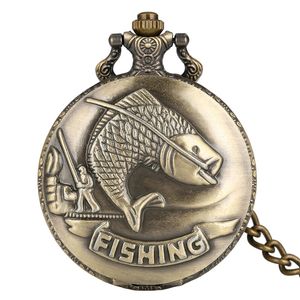 Vintage Bronze Fishing Angling Design Quartz Pocket Watch for Men and Women Pendants Chain Gift Present