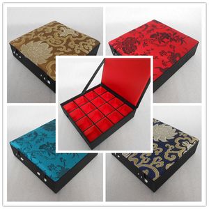 Luxury 16 Grid Slot Ring Storage Box Jewelry Wood Chinese Silk Brocade Box Earrings Stud Pendants Coin Collection Box Decoration