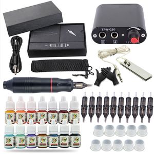 Complete Tattoo Kit Motor Pen Rotary Machine Gun Color Inks Power Supply Needles set 14 pigments ink