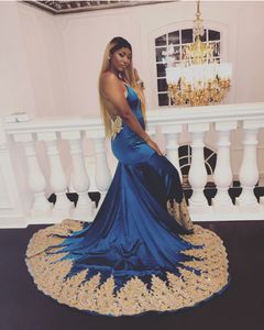 Afrikanska svarta flickor nigerianska sjöjungfru prom klänningar guld applikation sexiga formella klänningar golvlängd klänningar kväll slitage special tillfälle klänning