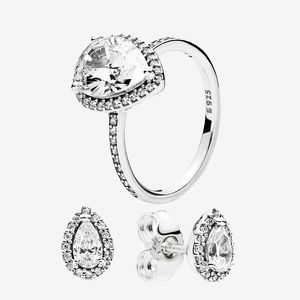 Autentico set di ANELLO e ORECCHINI a goccia in argento 925 Scatola originale per Pandora CZ diamante Gioielli da sposa da donna a goccia Anello a bottone Orecchino