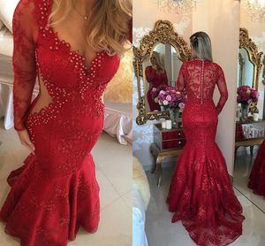 Czerwone koronki perły syrenki balu sukienki złudzenie z długim rękawem Zobacz choć powrót V-Neck Suknie Wieczorowe Formalna Sukienka Korowniczka Kobiety Długie
