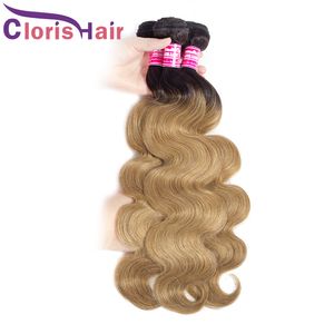 Ciemne korzenie blondynki fali ciała wiązki 1b 27 Ombre Hair Bundles Brazylian Virgin Hair Weave 3pcs oferuje 100% miodowe blondynki kolorowe
