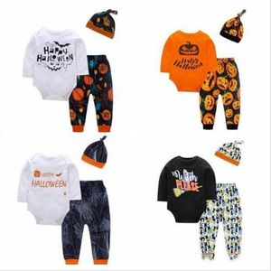 Toddler Lettera Pagliaccetti stampati Vestiti per bambini di Halloween Pantaloni Cappello 3 pezzi Imposta tute di zucca a maniche lunghe per neonato Pantaloni Suit Boy Abbigliamento C6255