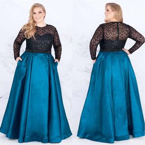 New Plus size Evening Prom dresses Lace Sequins With Pockets Satin Long Sleeves Cheap Plus Size Special Occasion Dresses SD3349