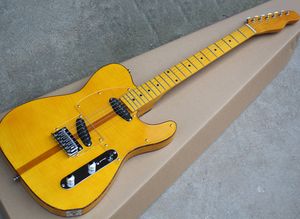 Guitarra elétrica amarela com pickguard transparente, fretboard de bordo amarelo, folheado de plátano de chama, pode ser personalizado como pedido