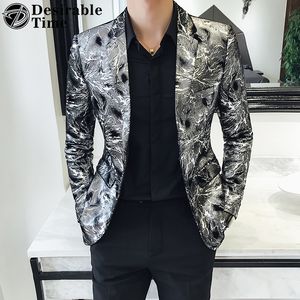 Jaqueta Blazer Prateada e Dourada para Homens Blazers de Baile de Formatura Jaqueta Masculina Vestida de Palco Blazer Estampado Masculino Ajuste Slim DT432