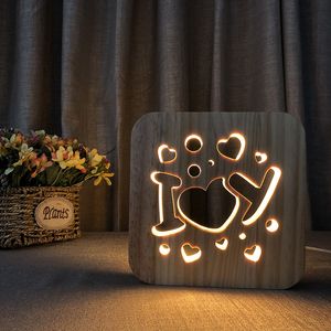 사랑 U 디자인 나무 램프 발렌타인 데이 선물 USB LED 테이블 조명 스위치 제어 나무 조각 밤 빛