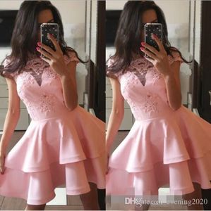 Schönes rosa eine Linie Homecoming -Kleider Juwel Kurzärmel Schnürung kurz Mini Länge Partykleider