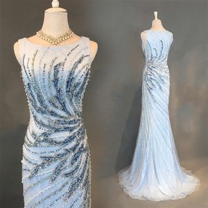 Luxury Light Sky Blue Evening Dresses Heavy Beaded Lace Round Neck Sweep Train Special Occasion Dresses Designer Evening Celebrity Gowns