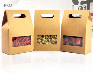 50 stücke braune Kraftpapier Party Hochzeits Geschenk Taschen mit Griff Stand Up Lebensmittel Klar PVC Fenster Boxen Lebensmittel Tee Verpackungs Tasche
