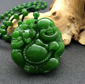 Naturlig grön jade maitreya hänge pärlor halsband charm smycken mode tillbehör handskuren lycka buddha amulet gåvor