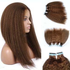 Podwójna taśma bokiem w przedłużaniu włosów Kinky Curly Skin Weft Hair Medium Brown 10 Kolory do wyboru od 12-24 calek Perwersyjna prosta Factory Direct