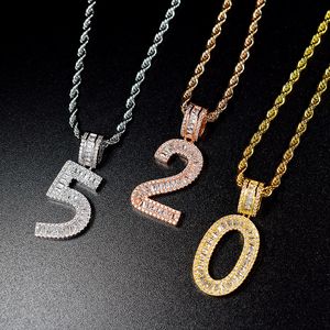 0-9 Baguette Initialen Nummer Anhänger Halskette mit Seilkette Gold Silber Roségold Bling Zirkonia Herrenschmuck