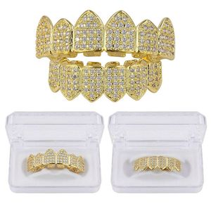 Wholesale bottom teeth grillz real gold for sale - Group buy 18K Real Gold Plated Teeth Grillz Caps Iced Out CZ Top Bottom Vampire Fangs Dental Grill Set for Men