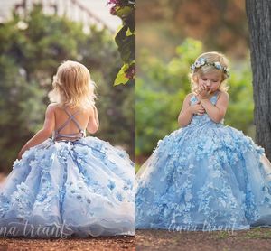 3D Floral Gorgeous Floor Abiti da ragazza di fiori lunghi 2019 Soft Blue Little Girl Pageant Dress Infant Toddler Lace Up Back Custom Made