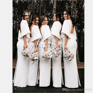 White Mermaid Bridesmaid Dresses Deep V Neck Back Split 1/2 Sleeve Satin Country Style Arabic Wedding Guest Gowns Maid of Honor Dress