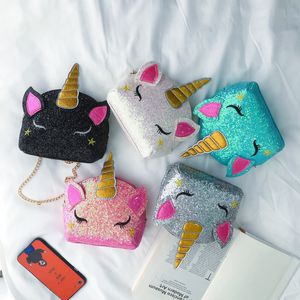 Glittery Unicorn Crossbody Bags 5 Colors Laser Alloy Chain Fanny Pack Travel Cosmetic Containers Fit Women Girls 14zm E1