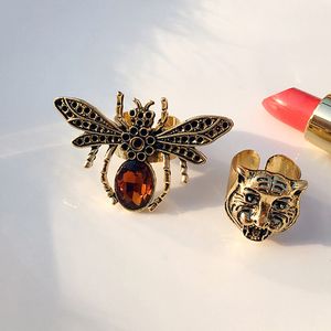 Vintage Bee Tiger Head Open Ring Kvinnor Metall Retro Insekt Animal Finger Ring Mode Smycken För Presentfest