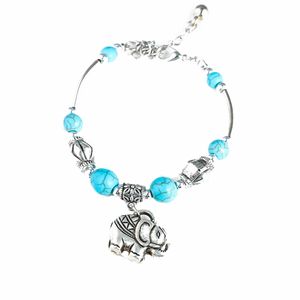 Retro Style with Blue Stone Owl Elephant Pendant Adjustable Bracelet Bangle for Women Gift Jewelry Accessories