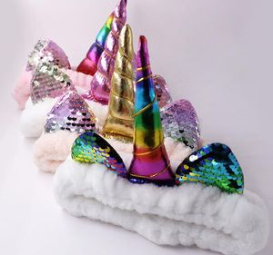 Kids Unicorn Horn Sequined Plush Hair Band Christmas Party Cat Ear Headwrap Soft Headband for Girl Women