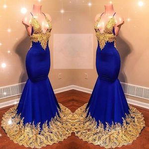 Straps Spaghetti Satin Mermaid Long Prom Dresses Royal Blue Lace Applique Backless Sweep Train Formal Party Wear Evening Gowns